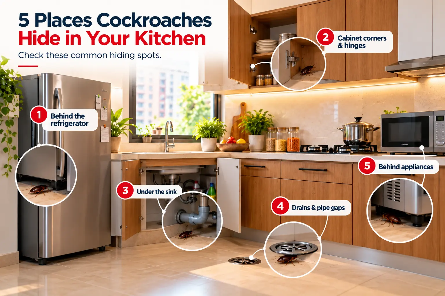 Kitchen infographic highlighting five cockroach hiding places: behind the refrigerator, inside cabinet corners and hinges, beneath the sink, around drains and plumbing gaps, and behind or beneath kitchen appliances.