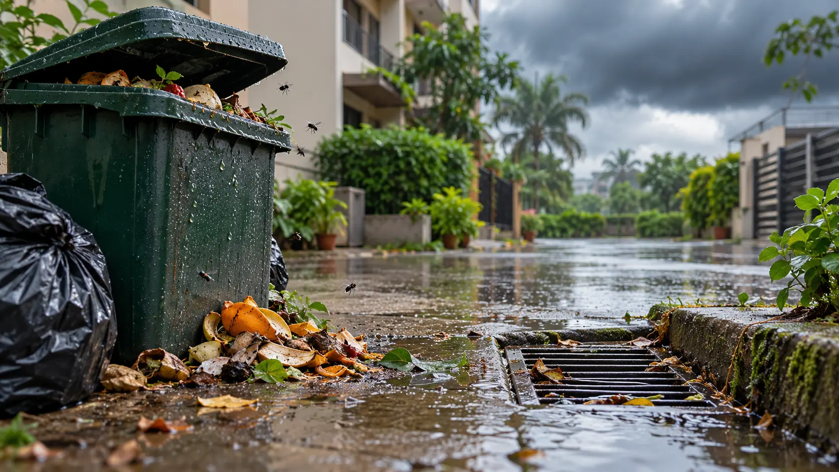 Wet waste and damp areas around a home after rain can attract flies