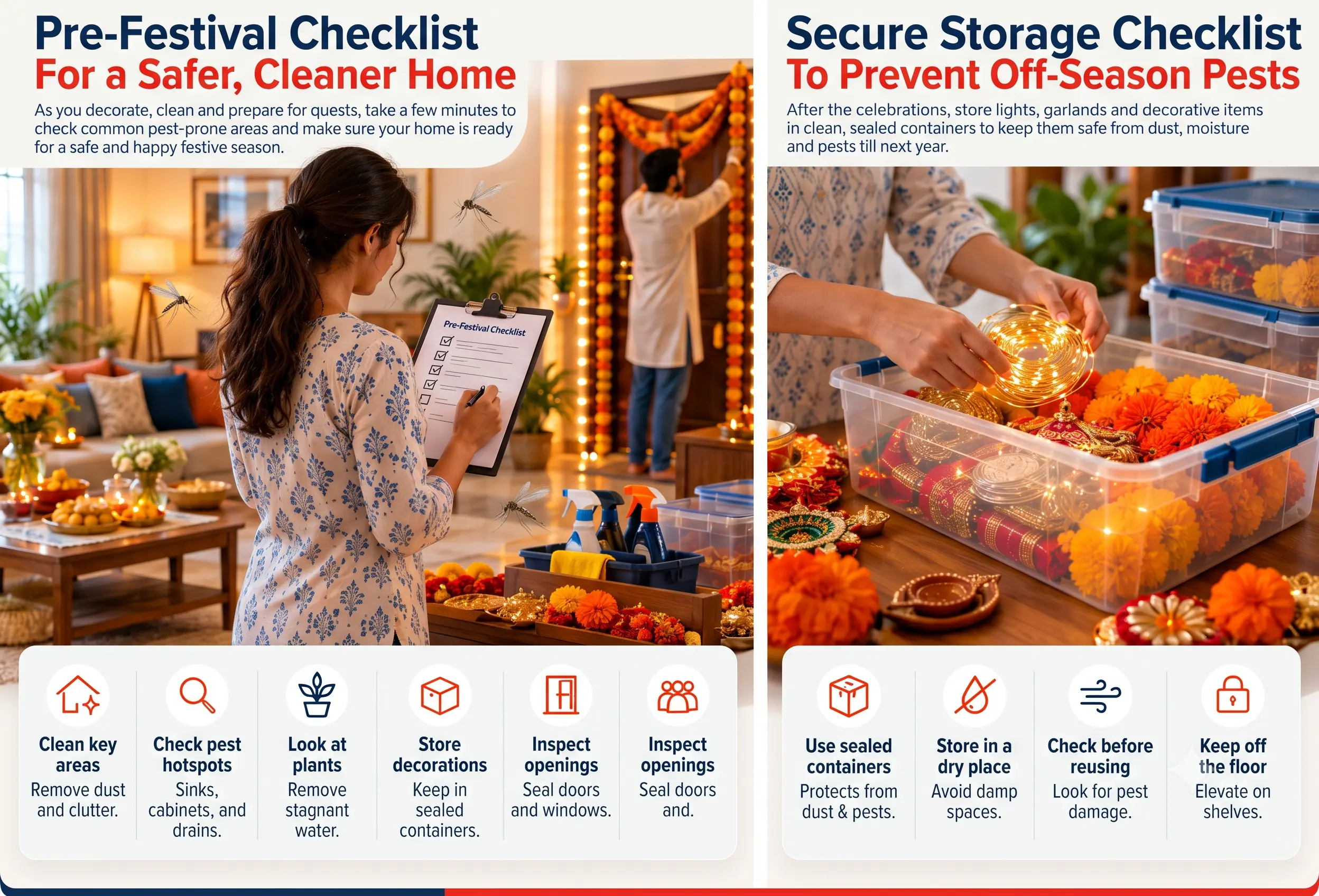 Person reviewing a pre-festival apartment checklist while decorations are being arranged, with reminders for pest hotspots, cleaning, food storage, balcony plants, windows and doors, decoration storage and guest rooms.