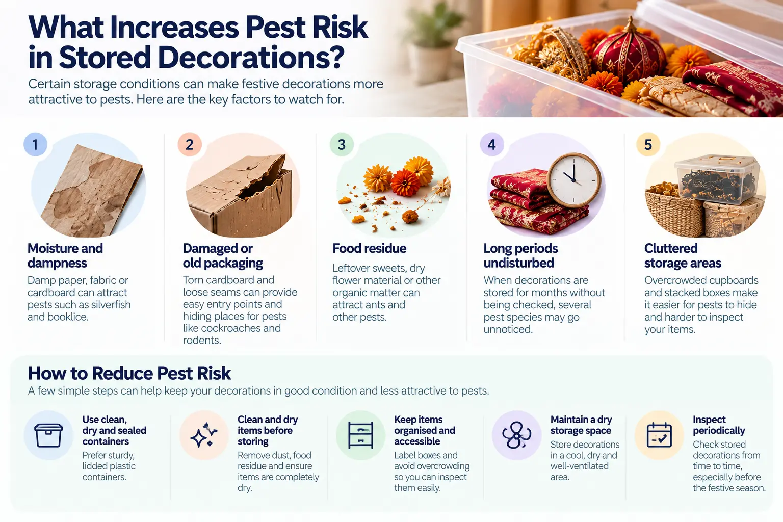 Infographic explaining five factors that may increase pest risk in stored festive decorations, including moisture, damaged packaging, food residue, prolonged storage and clutter, with prevention tips.