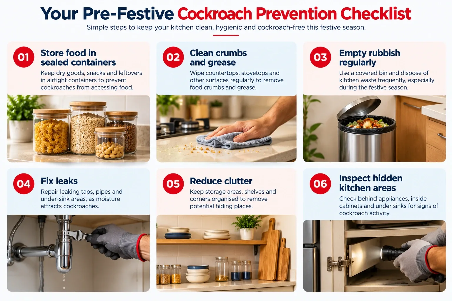 Infographic showing six cockroach prevention steps: storing food in sealed containers, cleaning crumbs and grease, emptying rubbish, fixing leaks, reducing clutter and inspecting hidden kitchen areas.