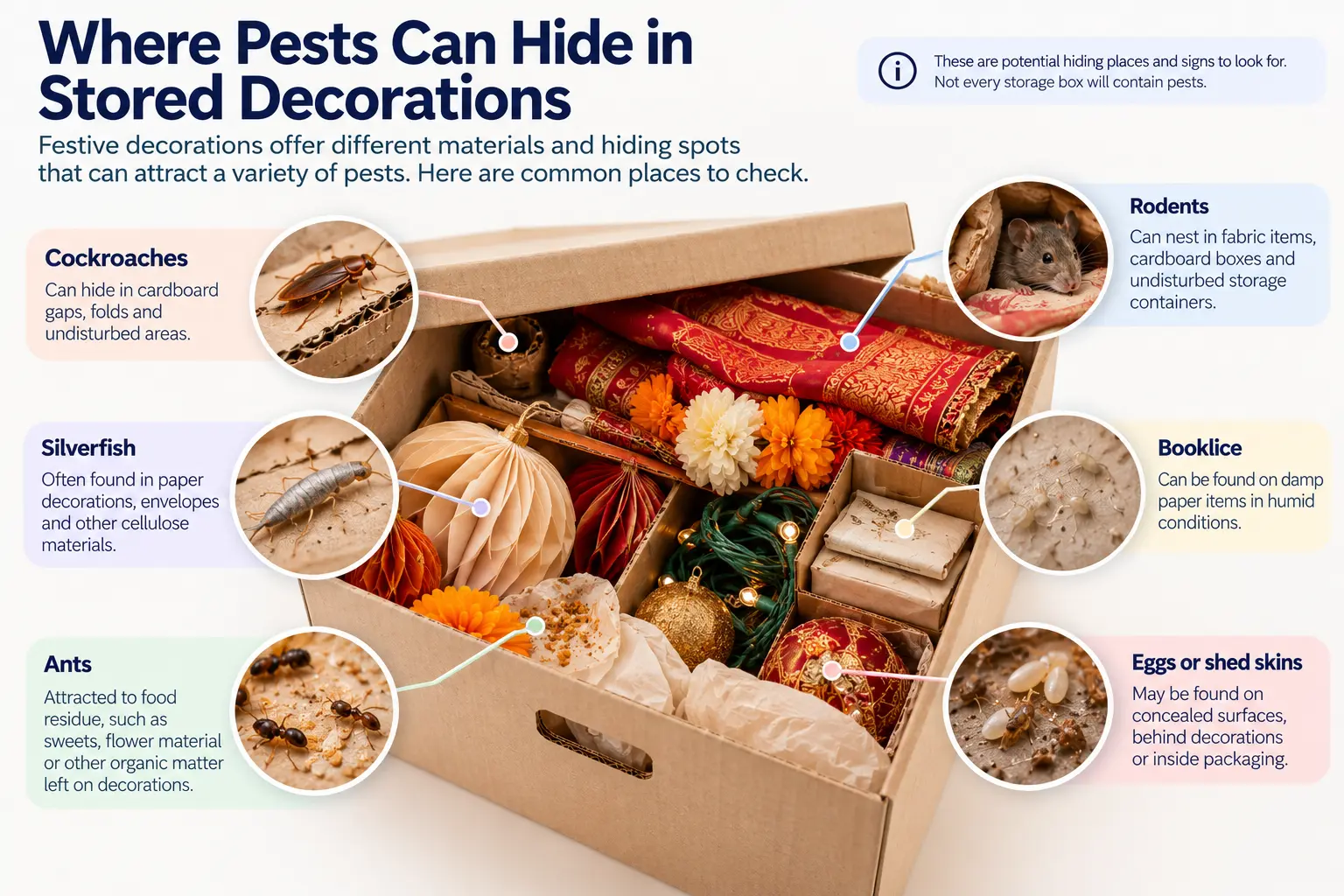 Infographic showing potential pest hiding places in stored festive decorations, including cardboard gaps, paper items, fabric, food residue and concealed surfaces.